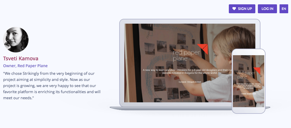 Showing a client's testimonial for Strikingly Showing a client's testimonial for Strikingly